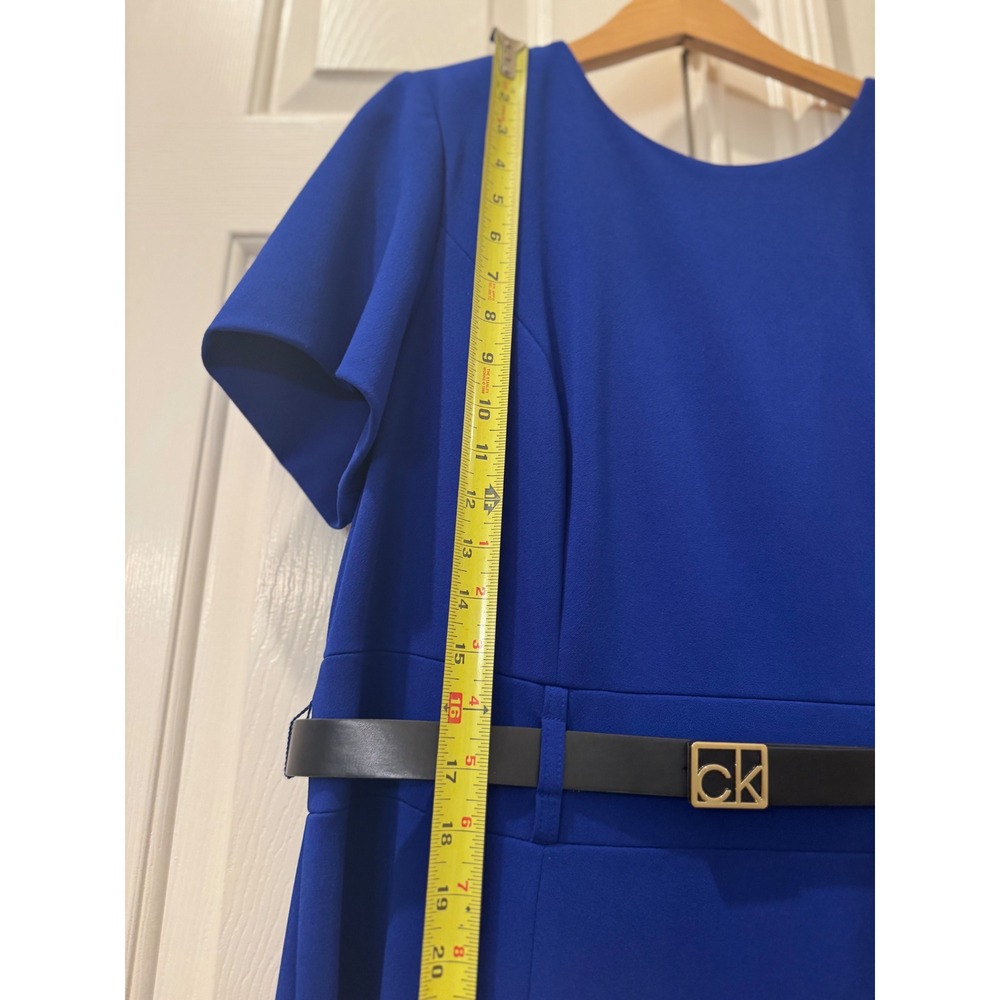 Calvin Klein Royal Blue Belted Fit Flare Midi Dress 14W Short Sleeve Gold Zip